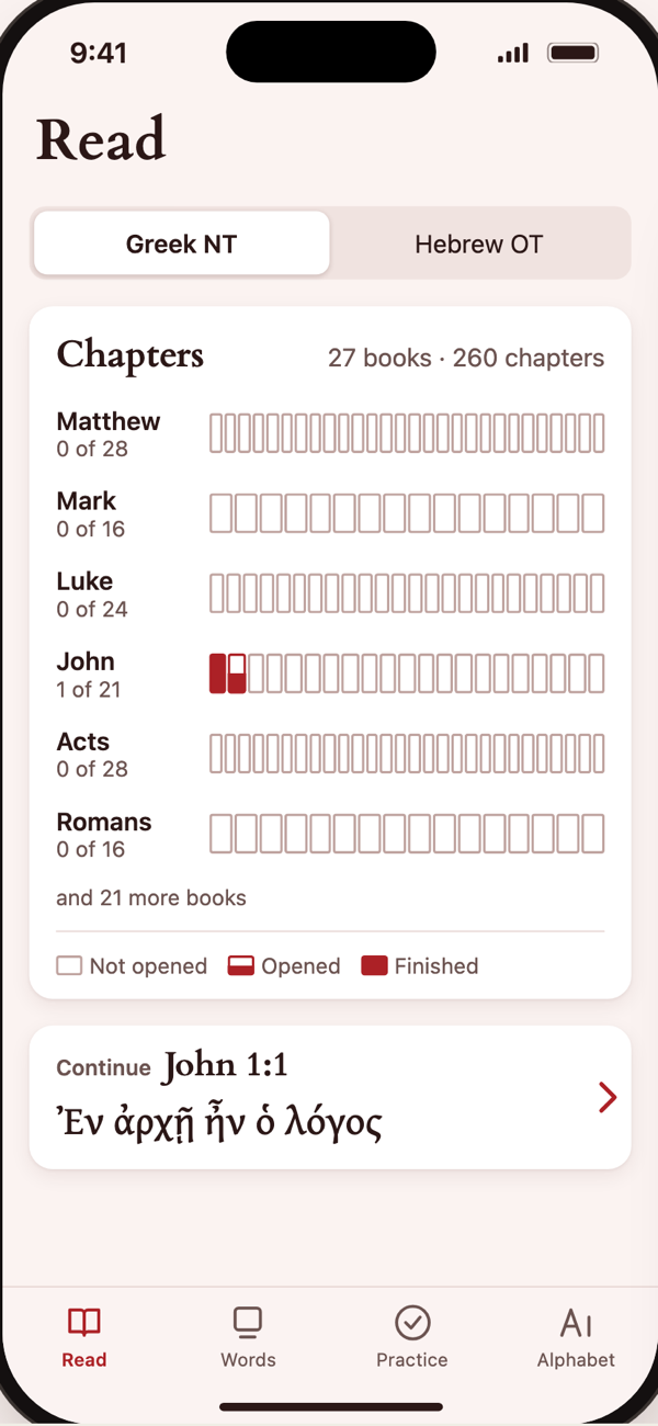 Read screen with the chapter heatmap and Continue John 1:1